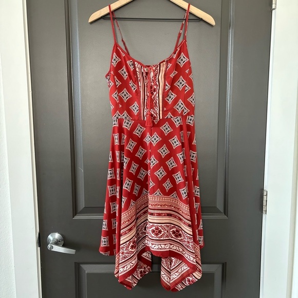 Band of Gypsies Handkerchief Scarf Print Asymmetrical Midi Red Boho Dress - Picture 2 of 8